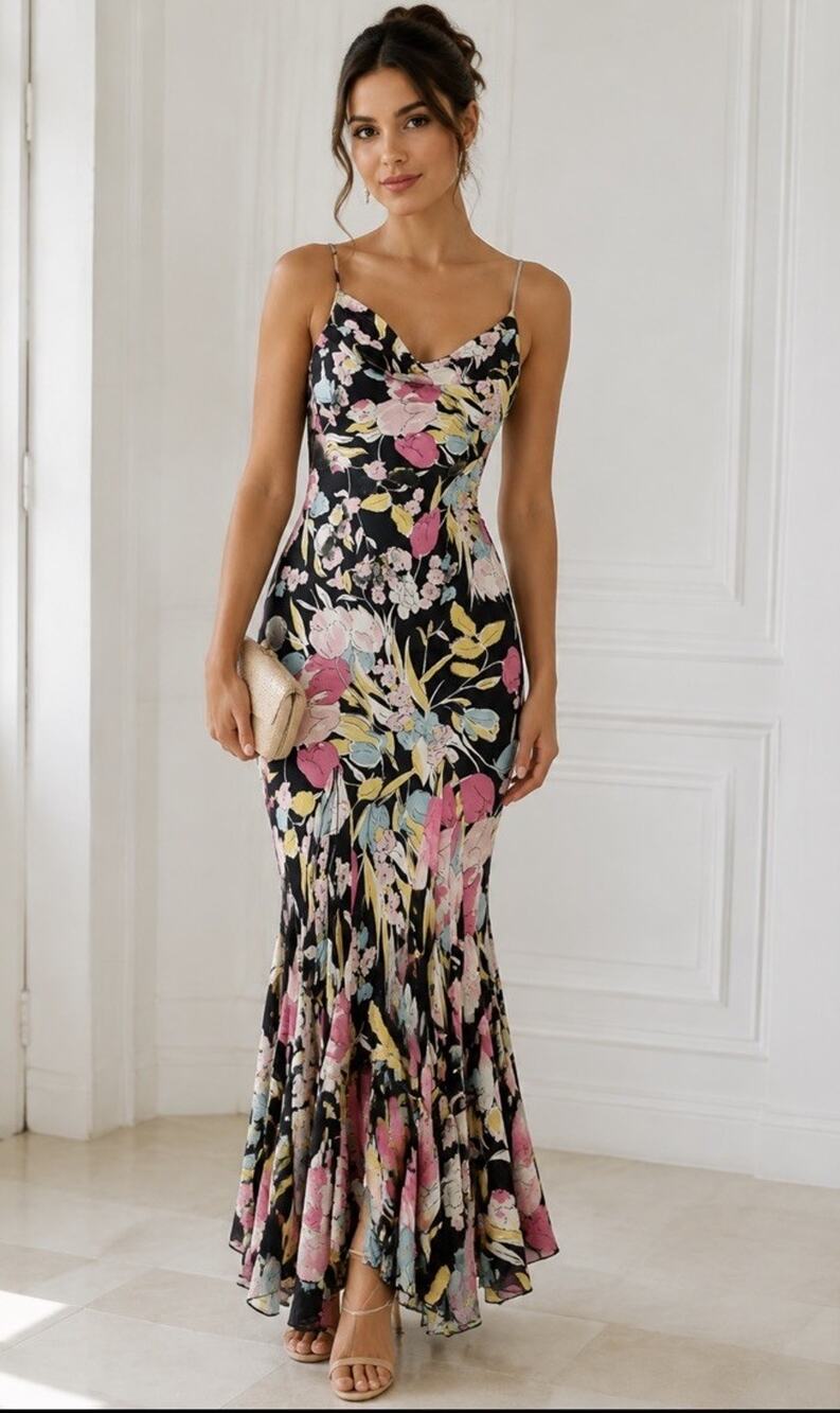 Vtg Floral Cowl Neck Maxi Slip Dress Split Panels Mermaid Fringe Hem Y2K Fairy 6